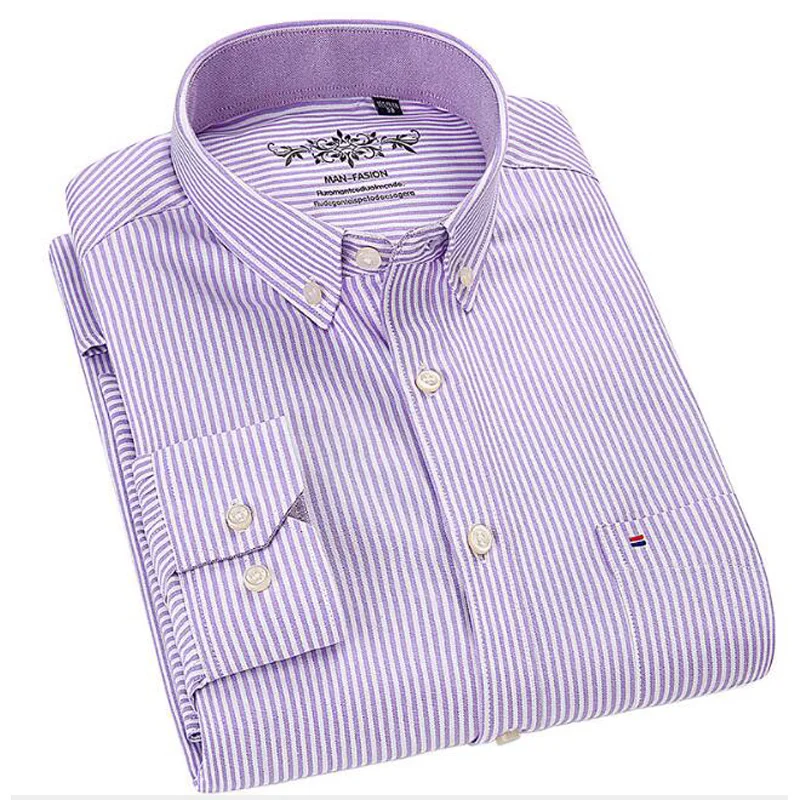 Purple stripes Новое Деловое платье-рубашка в полоску с длинными рукавами; брендовая рубашка; chemise homme; облегающие хлопковые рубашки - Цвет: Purple stripes