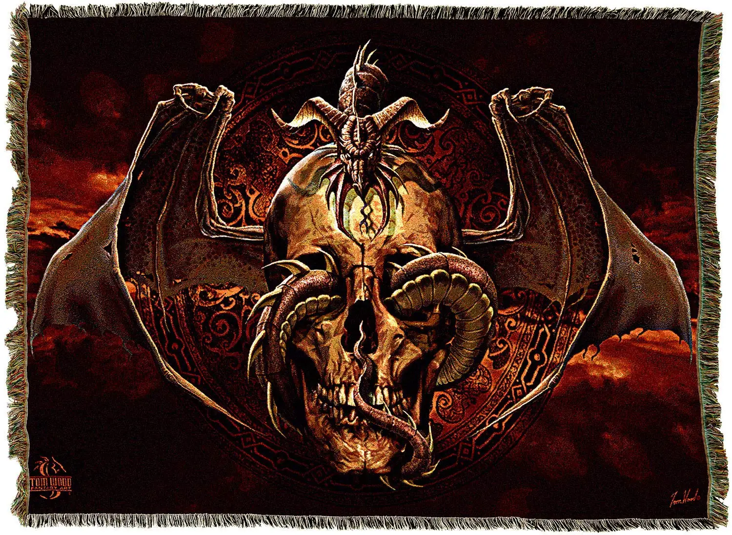 

Weavers Dissent Fantasy Dragon Skull Blanket and Woven Wall Hanging Tapestry with Fringe