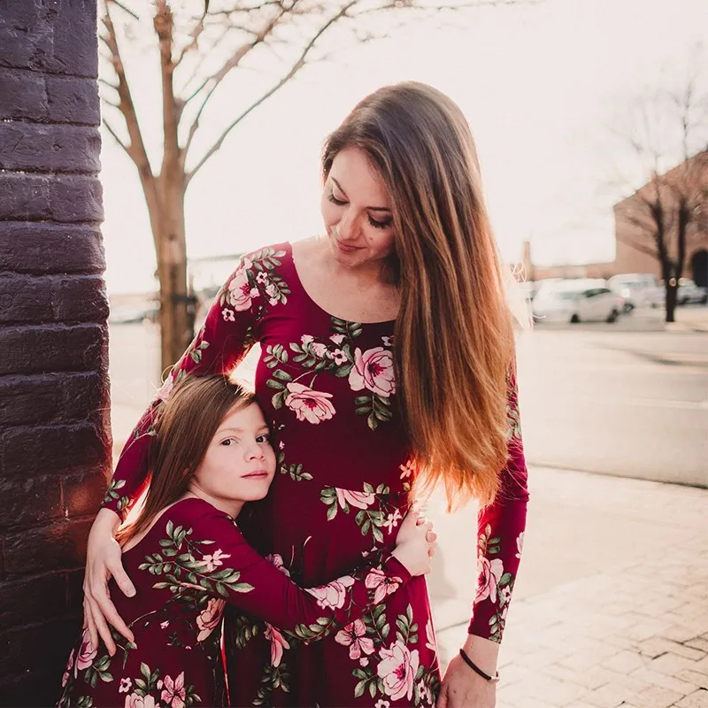 Mama And Daughter Dresses Wine Floral Mom And Kids Long Dress Family Matching Clothes Mommy Me Outfits Baby Girls Vestidos 2021