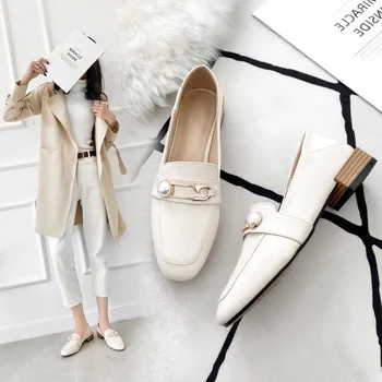 

Brand Wood Low Heels Oxfords Women Slip on Pump Casual Square Toe Loafers Metal Decoration Shallow Shoes Designer Zapatos Mujer