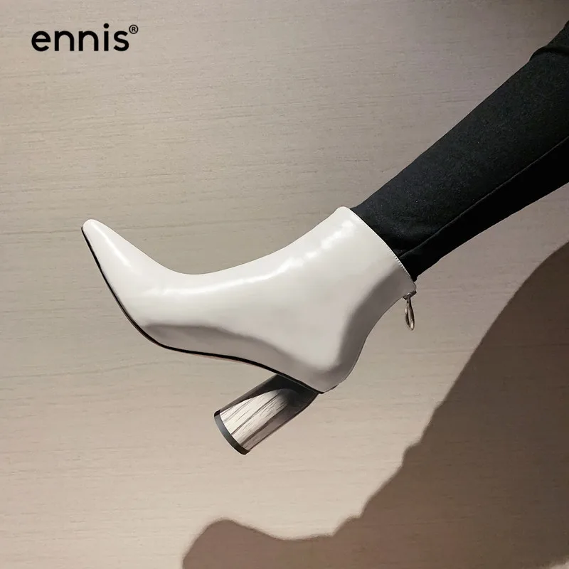 ENNIS Autumn Winter Women High Heel Boots Genuine Leather Pointed Boots Black Beige Designer Ankle Boots Ladies Shoes A9166