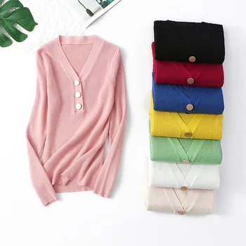 

Women 8 color slim chic casual Autumn Winter Basic v-neck Button Sweater pullovers OL Knit Pullover female Long Sleeve Sweaters