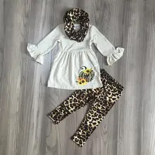 Осенняя одежда для девочек, комплект из 3 предметов с леопардовым шарфом, комплекты на Хэллоуин для девочек, платье с принтом тыквы и штаны с леопардовым принтом