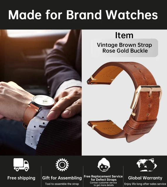 MAIKES Handmade Watchband Butterfly Buckle Vegetable Tanned Cow Leather Made In Italy Quick Release Bracelet Band Watch Strap Brown RG Buckle