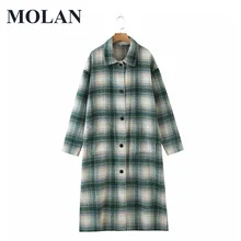 

MOLAN Vintage Green Plaid Wool Overcoat Woman Loose Fashion 2021 New Lapel Singal Breasted Winter Jacket Female Chic Outwear