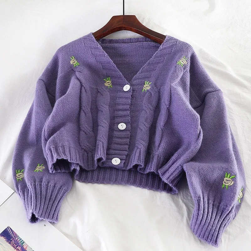 

Flower Cardigan Short Female Cropped Crop Top Women Knitted Sweaters Black Autumn Winter Long Sleeve Knit Jumper Ladies Jacket