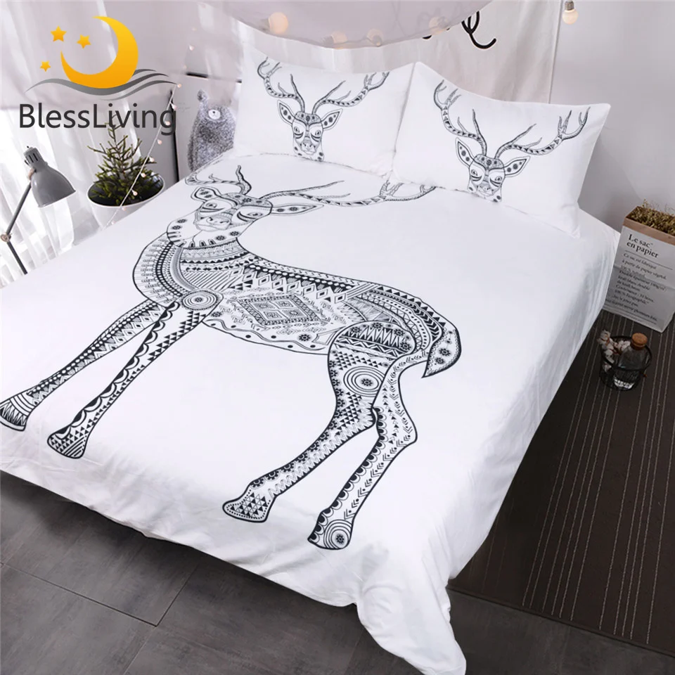 

BlessLiving Geometric Abstract Deer Bedding Set Retro Aztec Inspired Moose Elk Duvet Cover Black and White Tribal Bedspreads