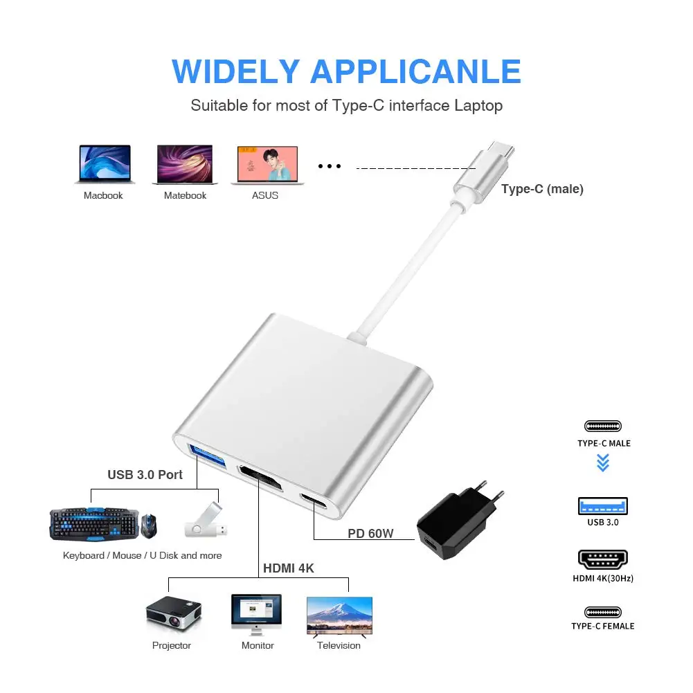 LYBALL Тип C к HDMI многопортовый конвертер с USB 3,0 портом и USB C зарядным портом для MacBook/Chromebook Pixel/huawei/samsung