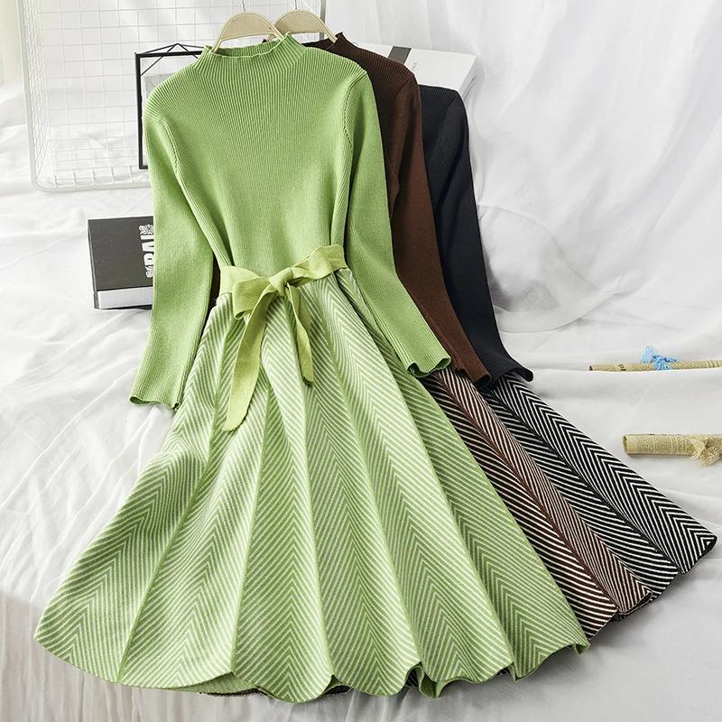 Billig ALPHALMODA Hohe Kragen A line Knit Kleid frauen 2019 Neue Verdickt Pfeil Gestreiften Frauen Elegante Schärpen Gestrickte Kleid