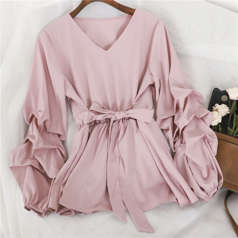 Korean Sweet Bow Lace-Up V-Neck Blouses Women Elegant Pleated Lantern Long Sleeve Shirt Chic Elastic Waist Slim Pullover Tops poet shirt