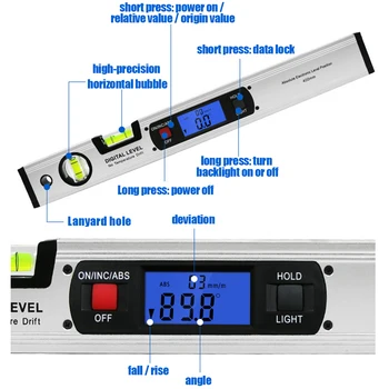 

400mm Aluminum Alloy Digital Display Level Angle Finder Measuring Inclinometer 416 * 20 * 50mm 0.2 ° Angle Measuring Tool