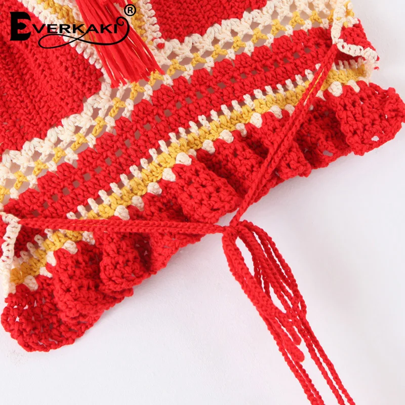 Everkaki Boho Трикотажная майка короткий топ женский с кисточками пляжный кружевной вязаный жилет сексуальный топ без спины Camis женский лето осень