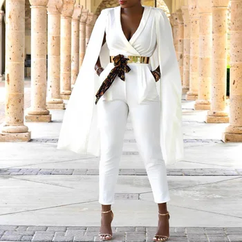 

White Jumpsuit Elegant Wrap Plunging V Neck Cloak Long Shawl Sleeve High Waist Autumn Office Women Casual Maxi Jumpsuits No Belt