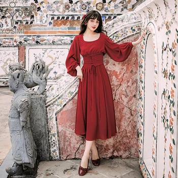 

YOSIMI 2019 Autumn Red Long Women Dress Vintage Full Sleeve Mid-calf Female Dresses with Sashes Square Collar Lantern Sleeve