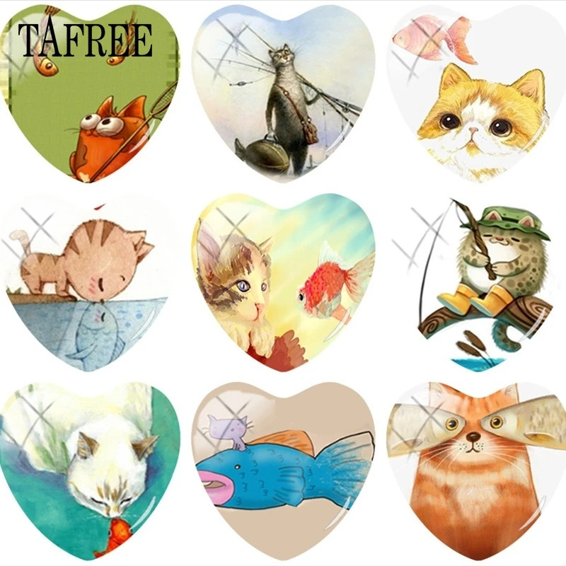 TAFREE милый мультфильм Кот рыба художественная роспись в форме сердца стеклянные