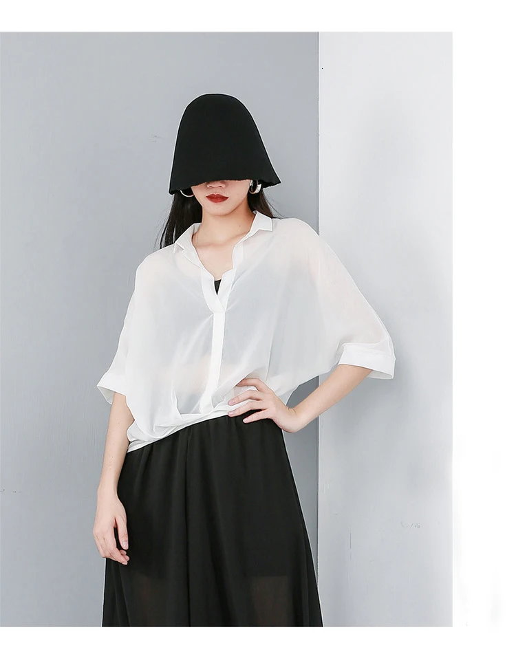 [EAM] новая весенне-летняя черная свободная тонкая рубашка с отворотами и рукавом средней длины большого размера Женская модная блуза JW093