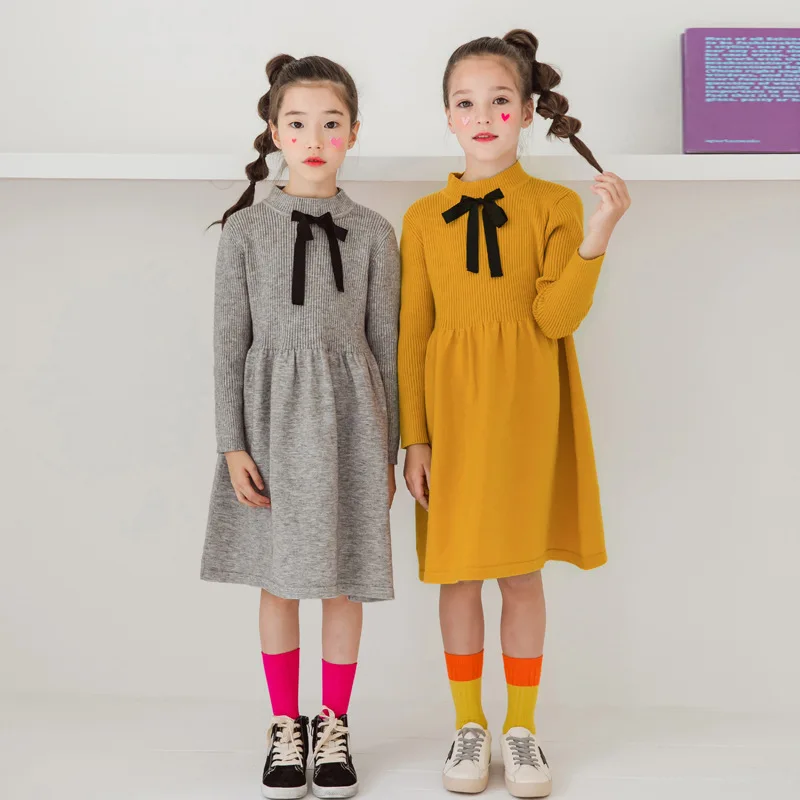 Г., платья-свитера для девочек осенне-зимняя повседневная одежда с бантом для детей милая вязаная одежда принцессы платье для девочек 6, 8, 10, 12, 14 лет