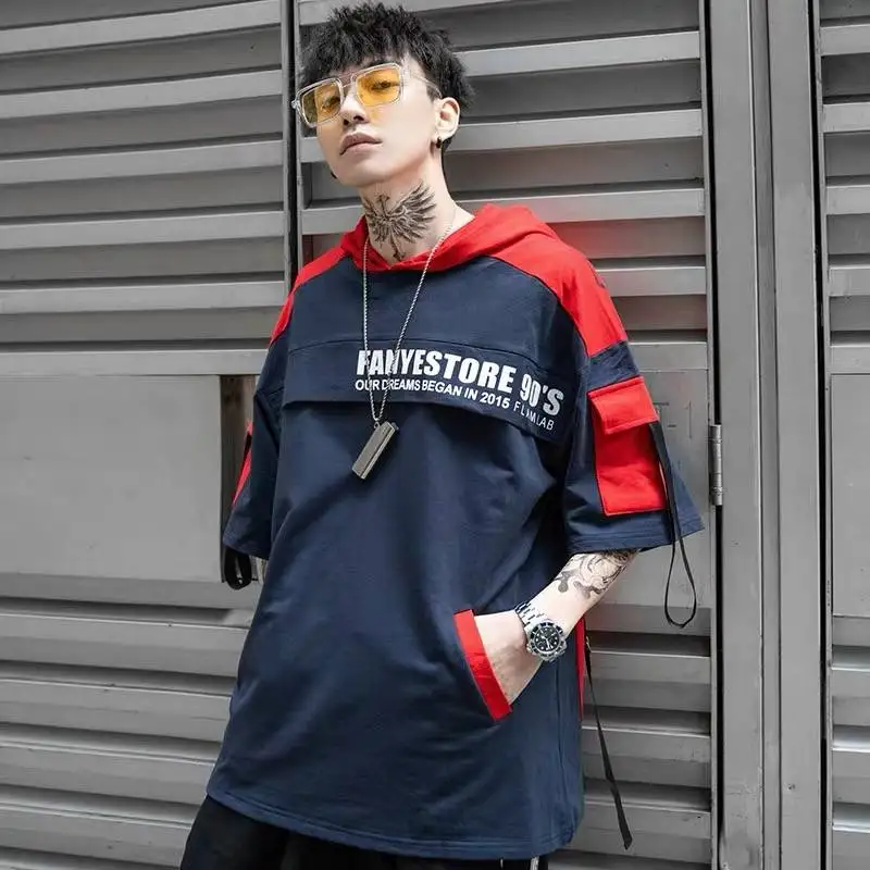 Мужская футболка в стиле хип-хоп, уличная Футболка Harajuku, негабаритная летняя черная футболка с капюшоном, корейские футболки для мужчин
