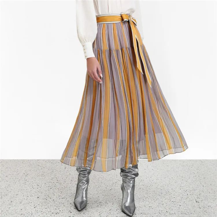 

2019 Elegant Autumn Chiffon Patchwork Striped High Waist A-line Beach Skirts
