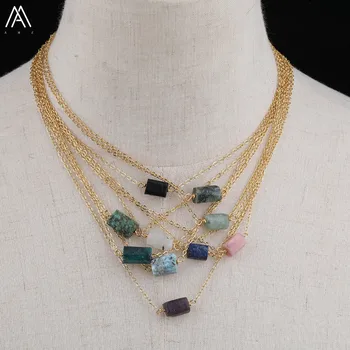 

Natural African Turquoises Labradorite Pink Opal White Moonlight Stone Nugget Beads Gold Chains Adjustable Necklace Jewelry