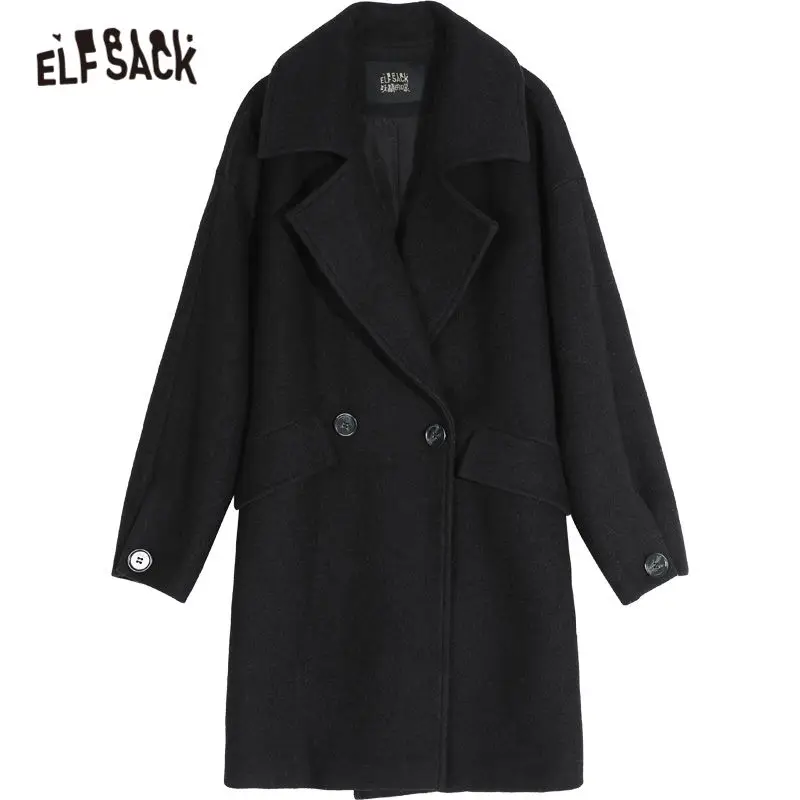 ELFSACK, черные, одноцветные, прямые, двубортные, шерстяные пальто для женщин, зима, пояс сзади, длинный рукав, повседневная женская теплая верхняя одежда