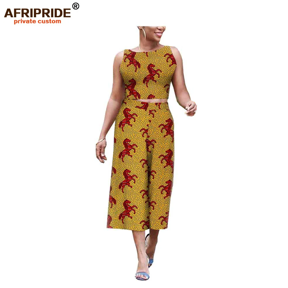 Afripride africa ankara брюки с принтом костюм для женщин короткий топ на бретелях+ длина до середины икры широкие брюки женский хлопковый костюм A1926008 - Цвет: 509J