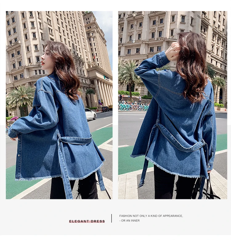 XUANSHOW Chaqueta Mujer Модные осенние однотонные длинные Для женщин куртка с поясом Повседневное уличная джинсовый жакет Женская верхняя одежда