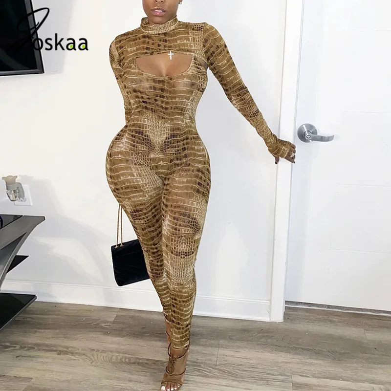 

Joskaa 2020 autumn New Women's skinny spaghetti straps backless Printed Snakeskin Blouse Sports Jumpsuit Two-Piece sexy Set
