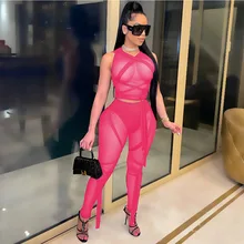 

Two Piece Set Women Sheer Mesh Bandage Outfits Sexy See Through O Neck Short Sleeve Crop Top + Leggings Bodycon Clubwear