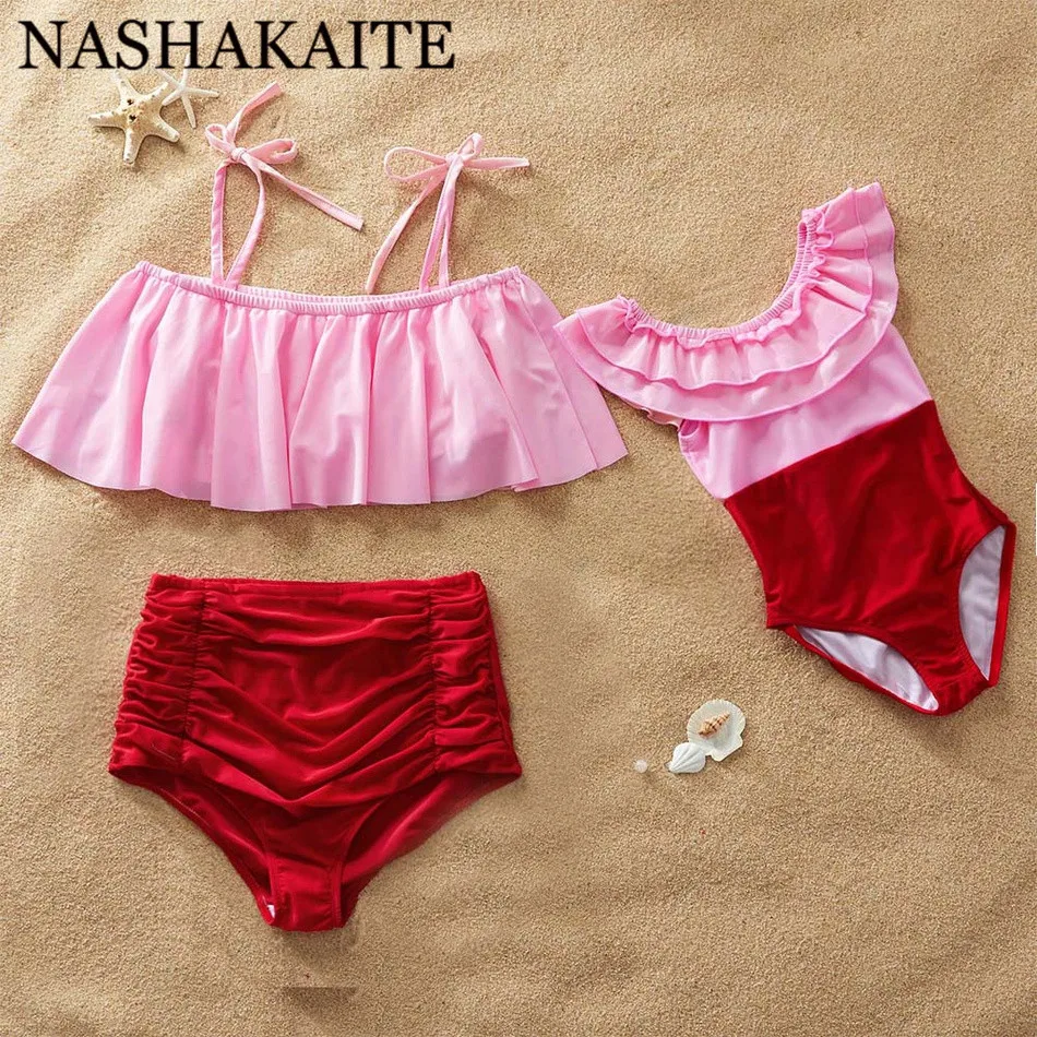 NASHAKAITE/семейный купальник в стиле пэчворк с оборками; одежда для купания для мамы и дочки; пляжная одежда для отдыха; женский купальный костюм; пляжная одежда для девочек - Цвет: Pink