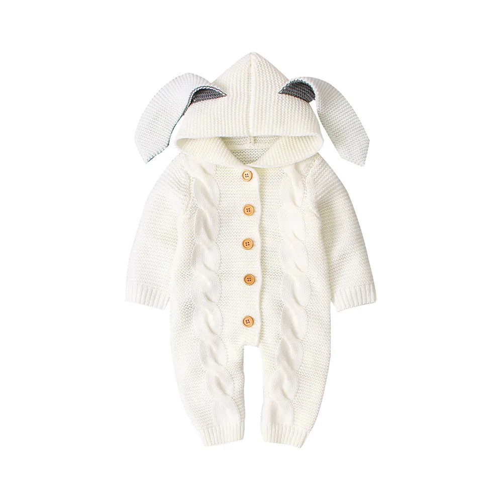 Бежевый 0-24M Autumn Winter Infant Kids Girls Boys Rompers Knit Solid Long Sleeve 3D Ears Hooded Jumpsuits Clothes - Цвет: Бежевый