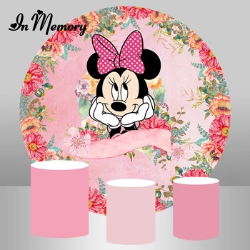 

InMemory Round Minnie Mouse Photography Backgrounds Pink Flowers Girls Baby Shower Newborn 1st Birthday Party Circle Backdrops