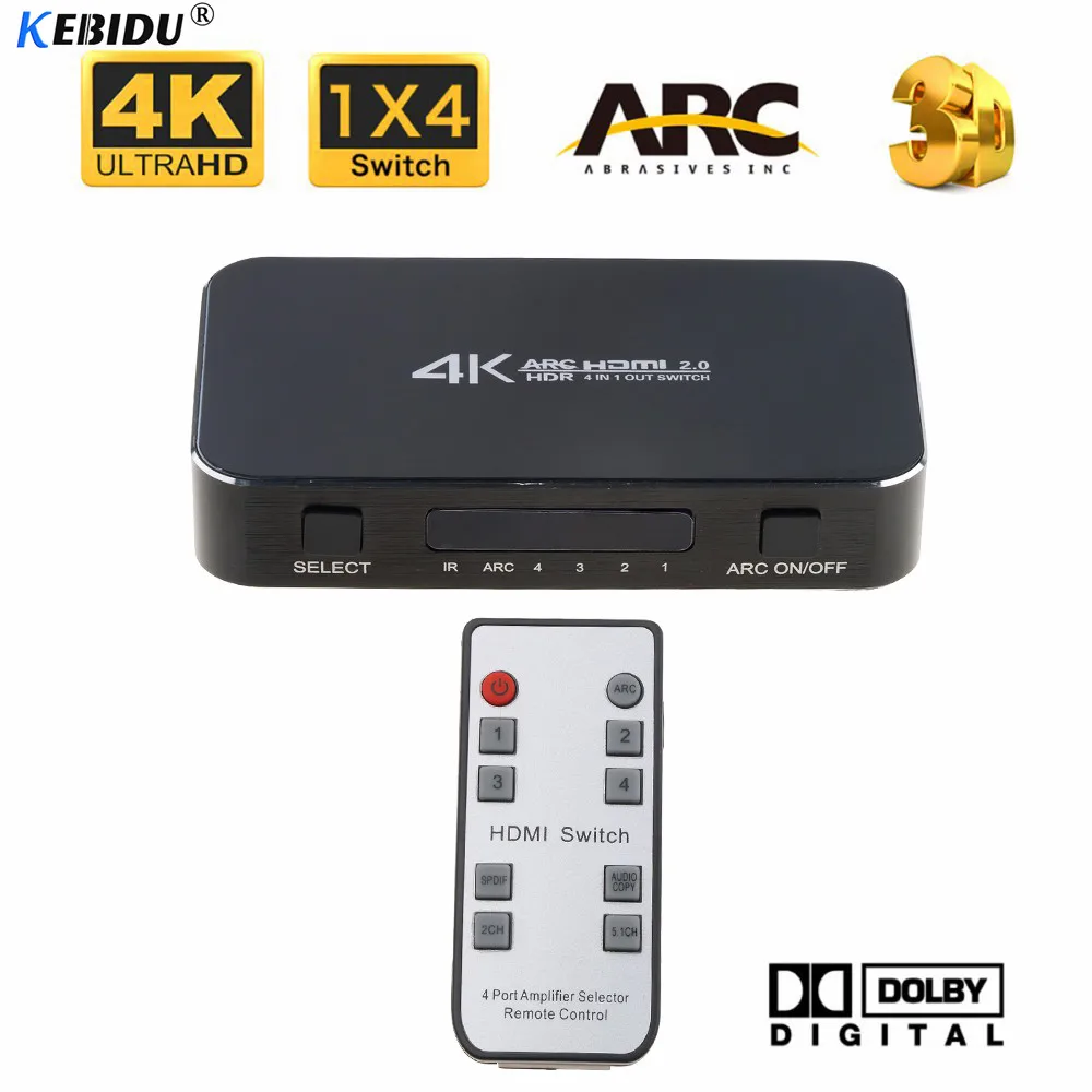 Переключатель kebidu HDMI 2,0 4K HDR 4x1 адаптер коммутатор с аудио экстрактором 3,5 jack оптический волоконный кабель ARC разветвитель для HDTV PS4