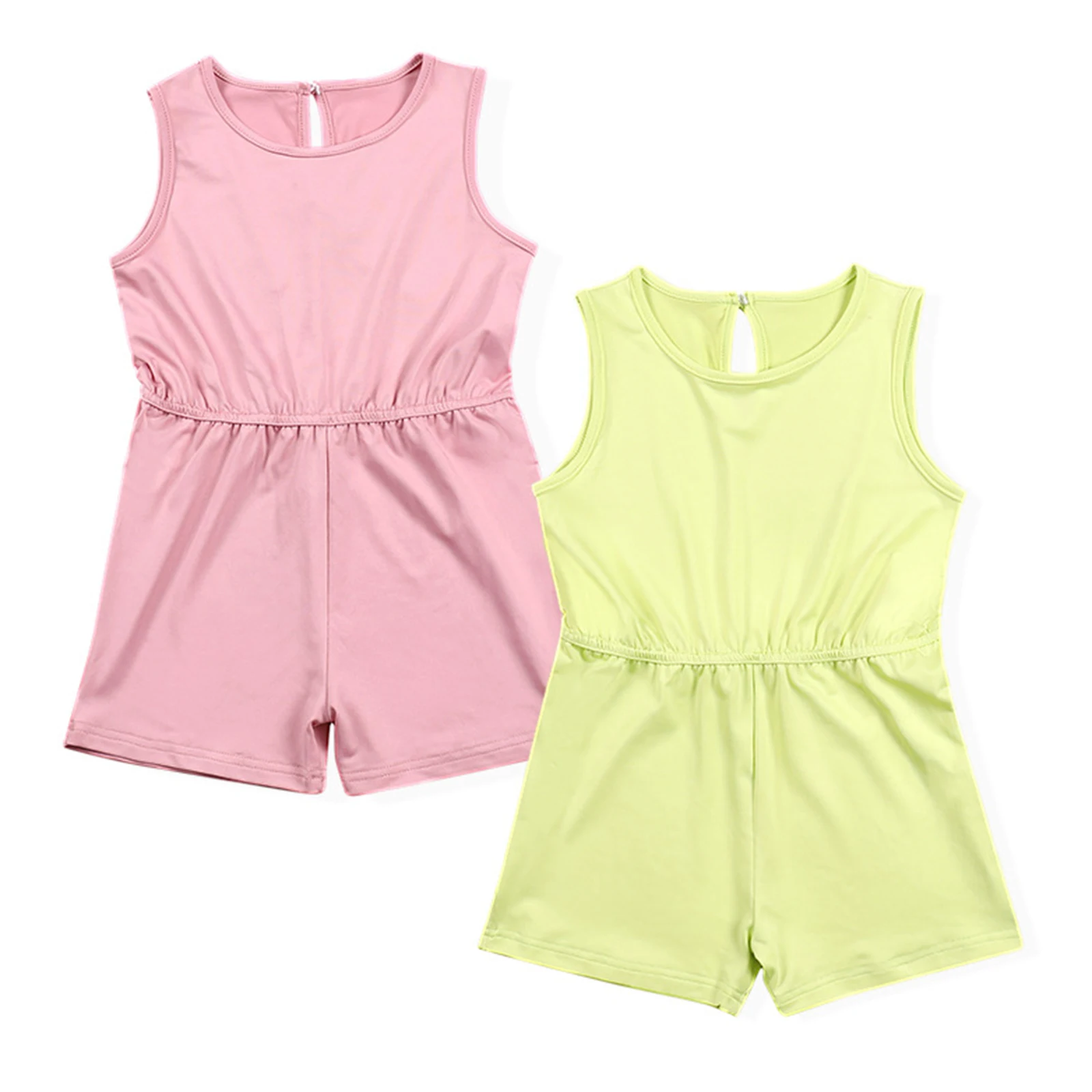 Toddler Summer Jumpsuit Solid Color Round Neck Sleeveless Slim-Waist Rompers for Girls 2 Colors | Мать и ребенок