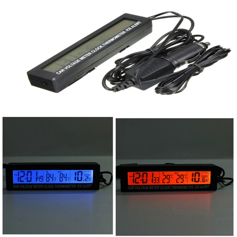 3 In 1 Auto digitale Auto-Thermometer Voltmeter Uhr Volt Temperaturmonitor  12v Outdoor-Innenled orange/blau Hintergrundbeleuchtung