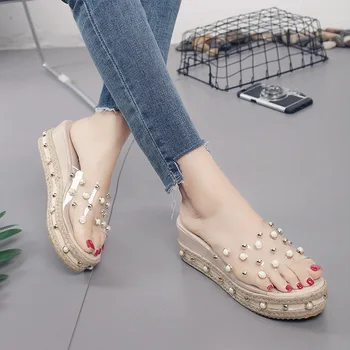 

Royalige Fashion Platform Sandals Summer Candy Ladies Pearl Beach Slippers Flat Slip On Dress Wedding Female Slides Plus Size