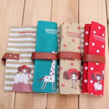

Cute School Pencil Case for Girls Canvas Roll Up Pouch Portable Makeup Cosmetic Brush Pen Storage Pen Box Stationery Supplies