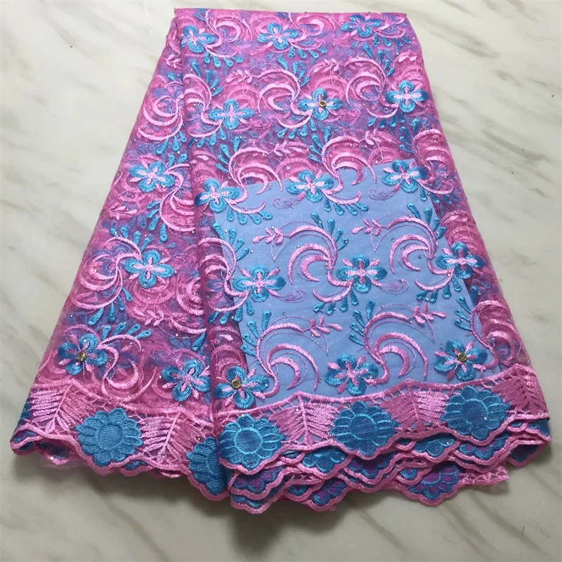 Розовая с синей вышивкой африканская кружевная ткань высокого качества