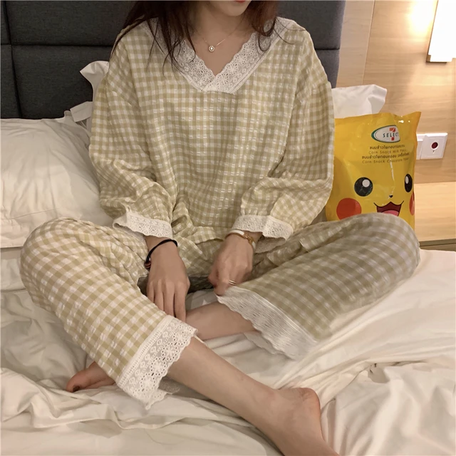 CAIYIER Korean Ulzzang Pink Plaid Print Pajamas Set Lovely V-Neck Girls Nightwear Loose Casual Long Sleeve Winter Homewear Suit Yellow