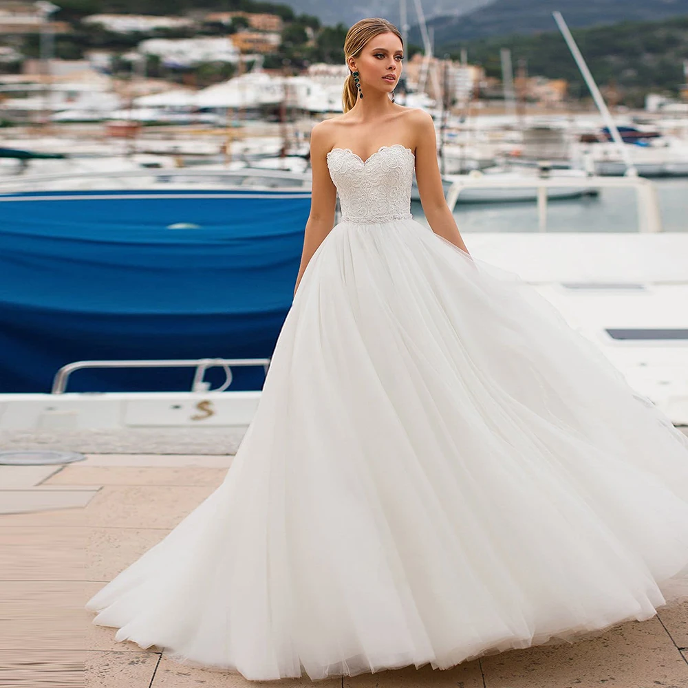 Тюлевые Свадебные платья Vestido Casamento аппликация бисером, жемчужины возлюбленной шеи на шнуровке свадебные платья