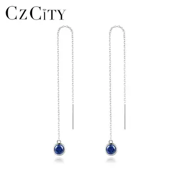 

CZCITY Earrings for Women Dangle Ear Line Red Blue Round Gemstone 925 Silver Fine Jewellery Accessories Christmas Gifts SE-514