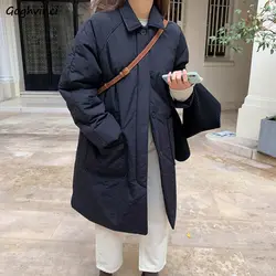 Long Parkas Women Office Lady Mature Basic Thicken Keep Warm Winter Coats All-match Single Breasted Mujer Clothing Elegant Chic