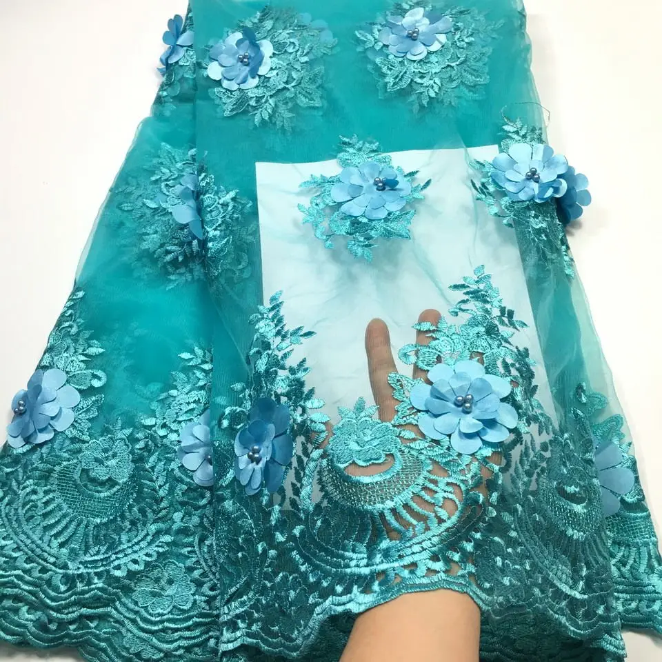

2021 African French Teal Lace Fabric High Quality Tulle French 3D Net Tulle Lace Fabric Women African Fabric Dresses M2846