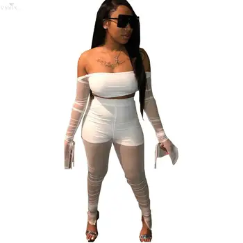 

Women Two Piece Outfits Tracksuit Women Set Slash Neck Bandage Crop Top Pants Two Piece Set Suit Solid Sexy Mesh Club Outfits