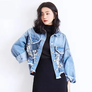 

Street Fashion Loose Short Jeans Jacket Coat Women Korean BF Style Embroidery Flowers Irregular Girl's Denim Jackets Outerwear