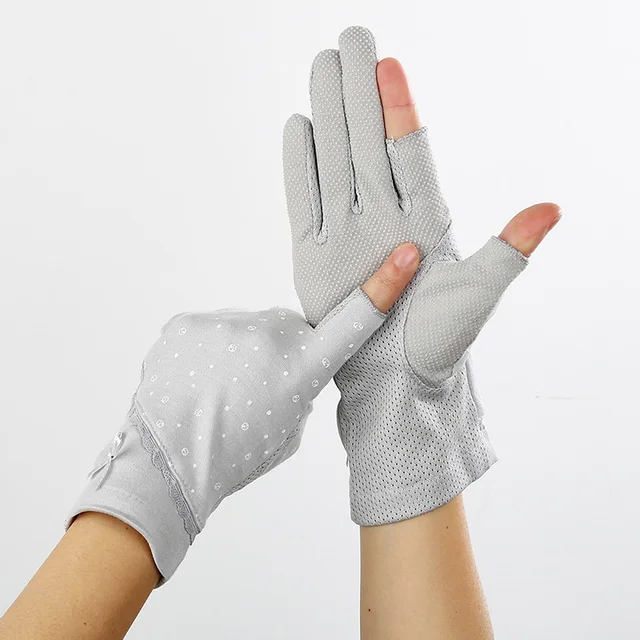 Summer Short Fingerless Anti Skid Cycling Sunscreen Glove Women Cotton Dot Bow Thin Breathable UV Touch Screen Driving Miten J79 1