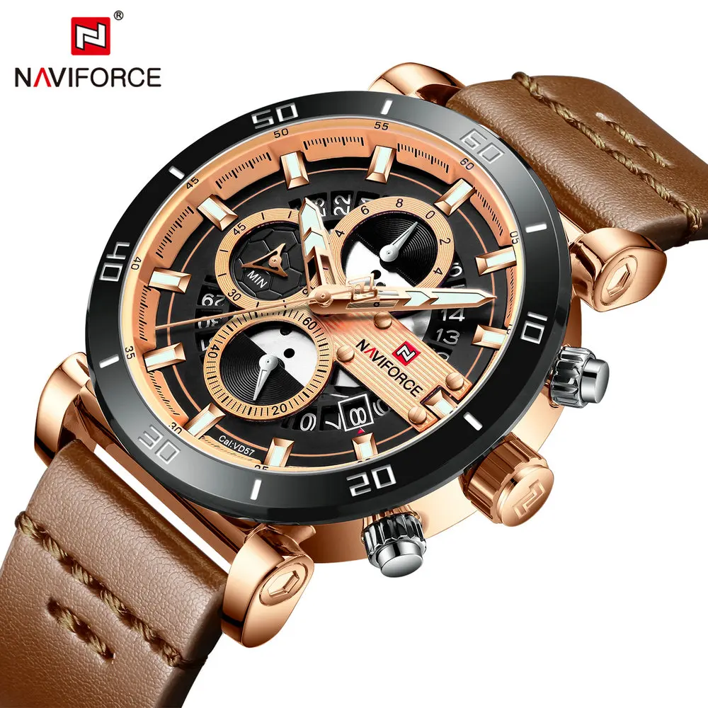 

NAVIFORCE Top Brand Luxury Watches Men Quartz Analog Clock Brown Leather Strap 3 Sub-dial Calendar Fashion Casual Man Watch 2019