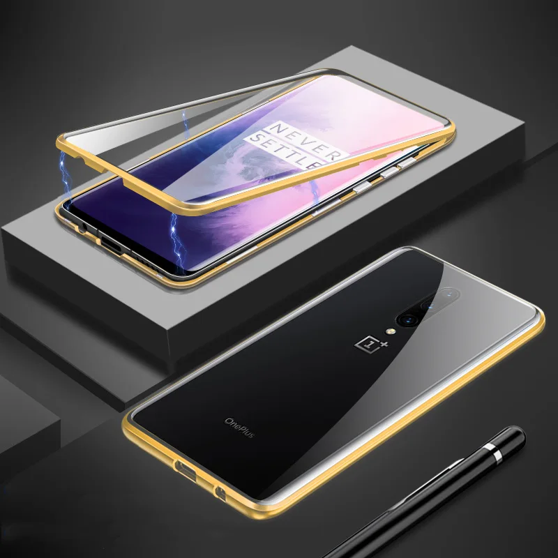 Магнитный поглощающий металлический чехол s для Oneplus 7 7T Pro 6T чехол для телефона двухстороннее стекло 360 противоударный чехол для Oneplus 7T 7 6 - Цвет: Золотой