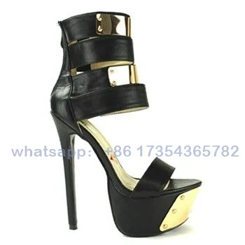 

Black\Pink Peep Toe Platform Sandals Sexy Back Zipper Golden Metal Strappy Gladiator Sandal Women Big Size Super High Heel Shoes