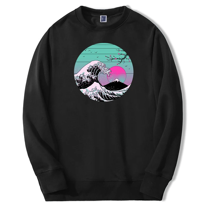 

2021 Vaporwave Autumn Winter Men's Casual Fabrics The Great Wave Hoodie Casual Printing Tracksuit Unisex Breathable Pullovers